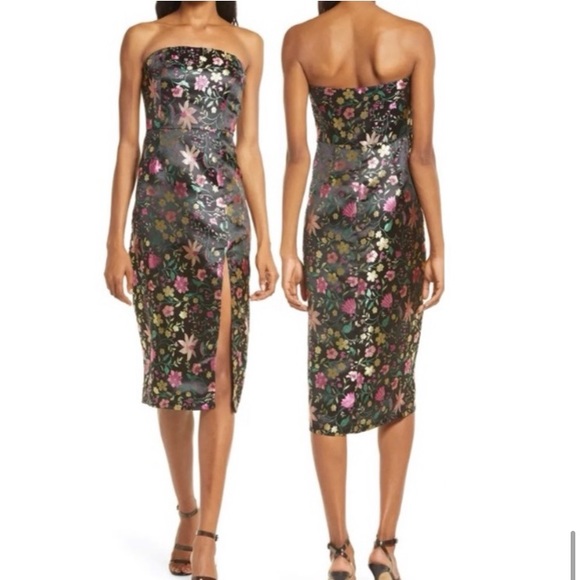 Lulus Make a Move Black Satin Floral Jacquard Strapless Midi Dress - Picture 7 of 7